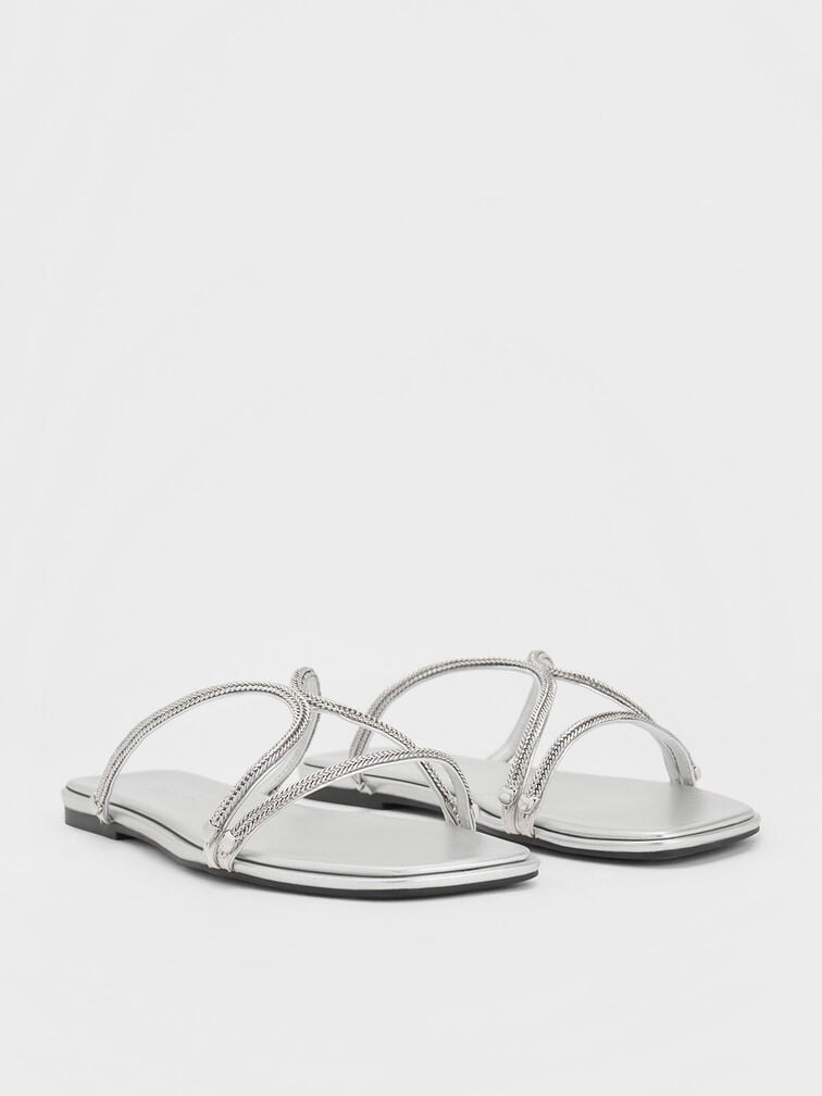 Metallic Braided Strappy Sandals, Silver, hi-res
