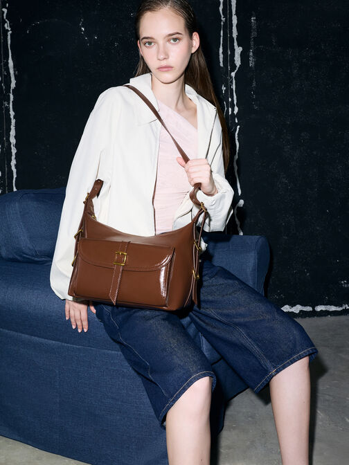 Bryna Belted Hobo Bag, Dark Brown, hi-res