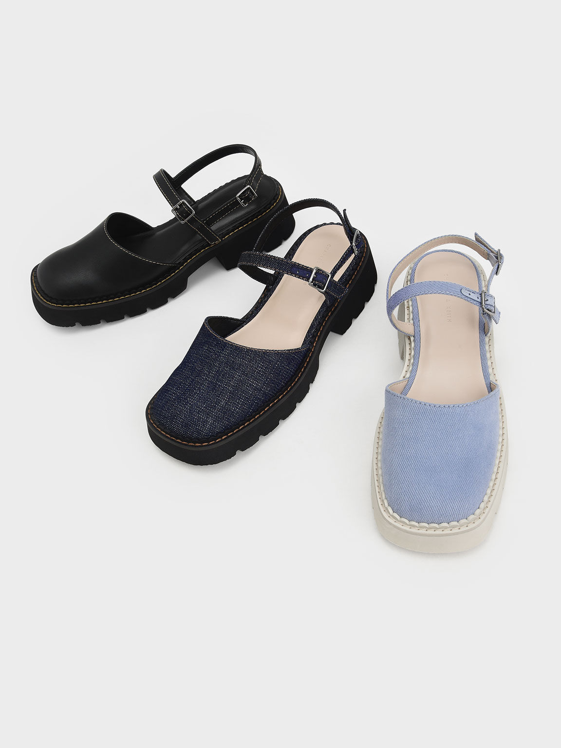 Cleated Sole Ankle-Strap Denim Shoes, Dark Blue, hi-res