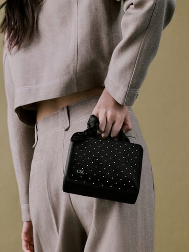 Satin Studded Knot-Bow Mini Bag, Noir Studded Satin, hi-res