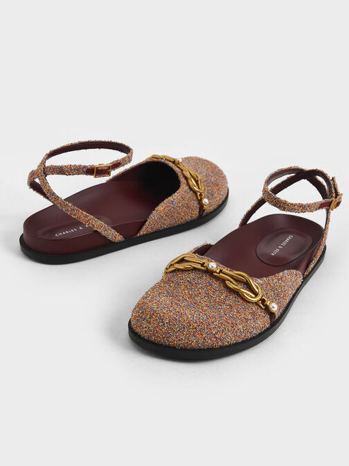 Terry Cloth Beaded Chain-Link Ankle Strap Flats, Red, hi-res