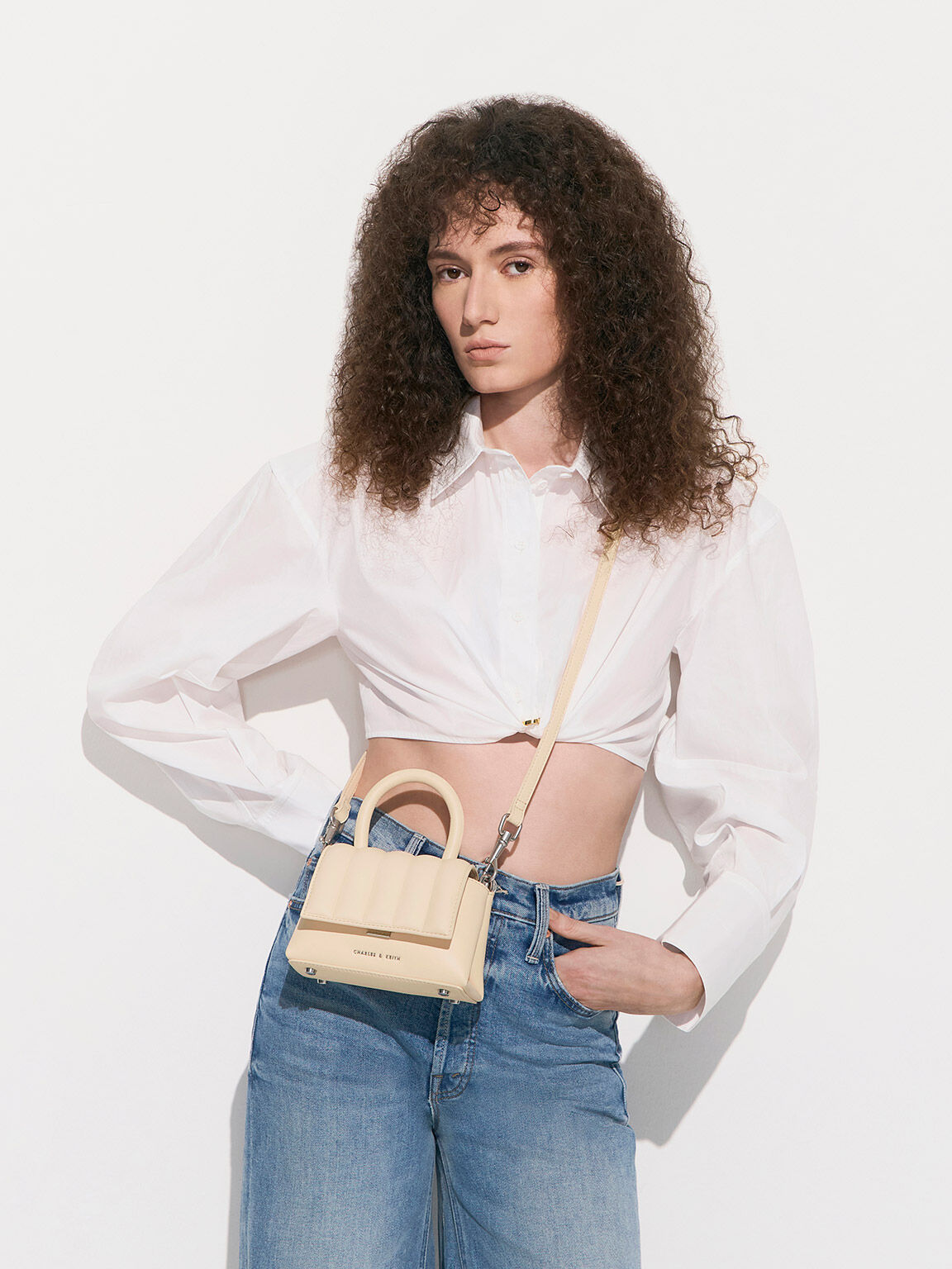 Padded Top Handle Bag, Beige, hi-res