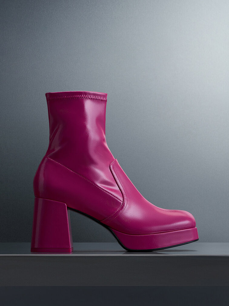 Patent Crinkle-Effect Block-Heel Boots, Fuchsia, hi-res