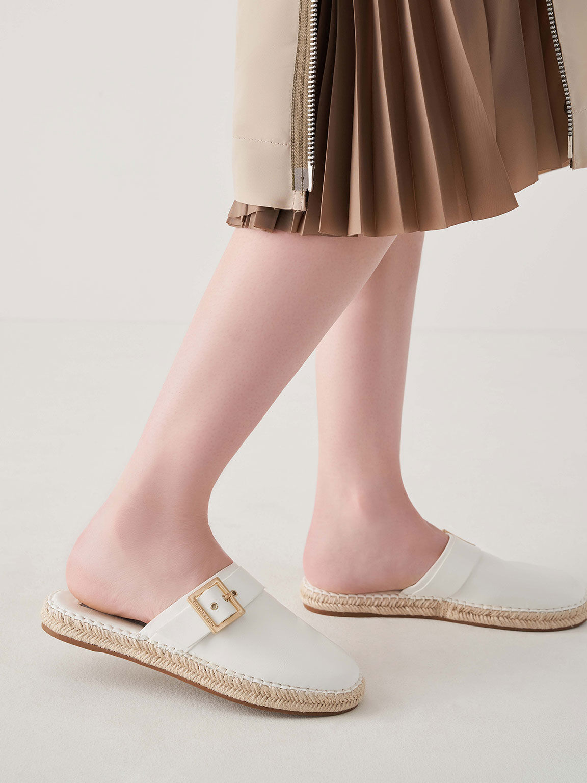 Buckled Espadrille Mules, White, hi-res