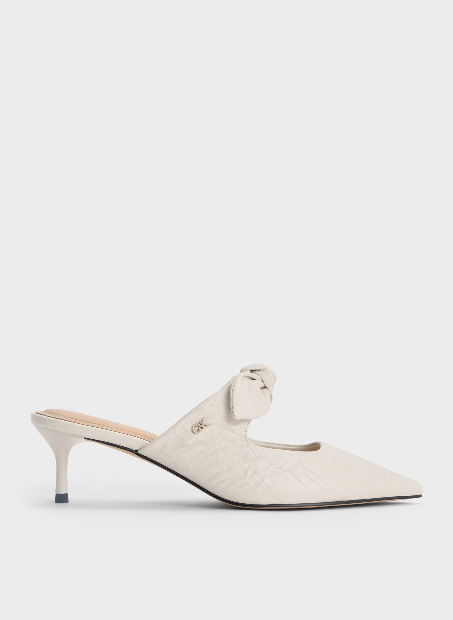 Jayce Crinkle-Effect Leather Knot-Bow Kitten-Heel Mules, White, hi-res