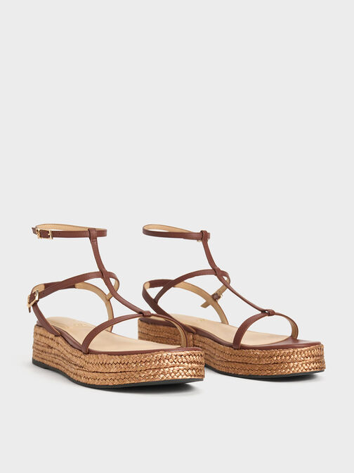 Leather T-Bar Espadrille Sandals, Brown, hi-res