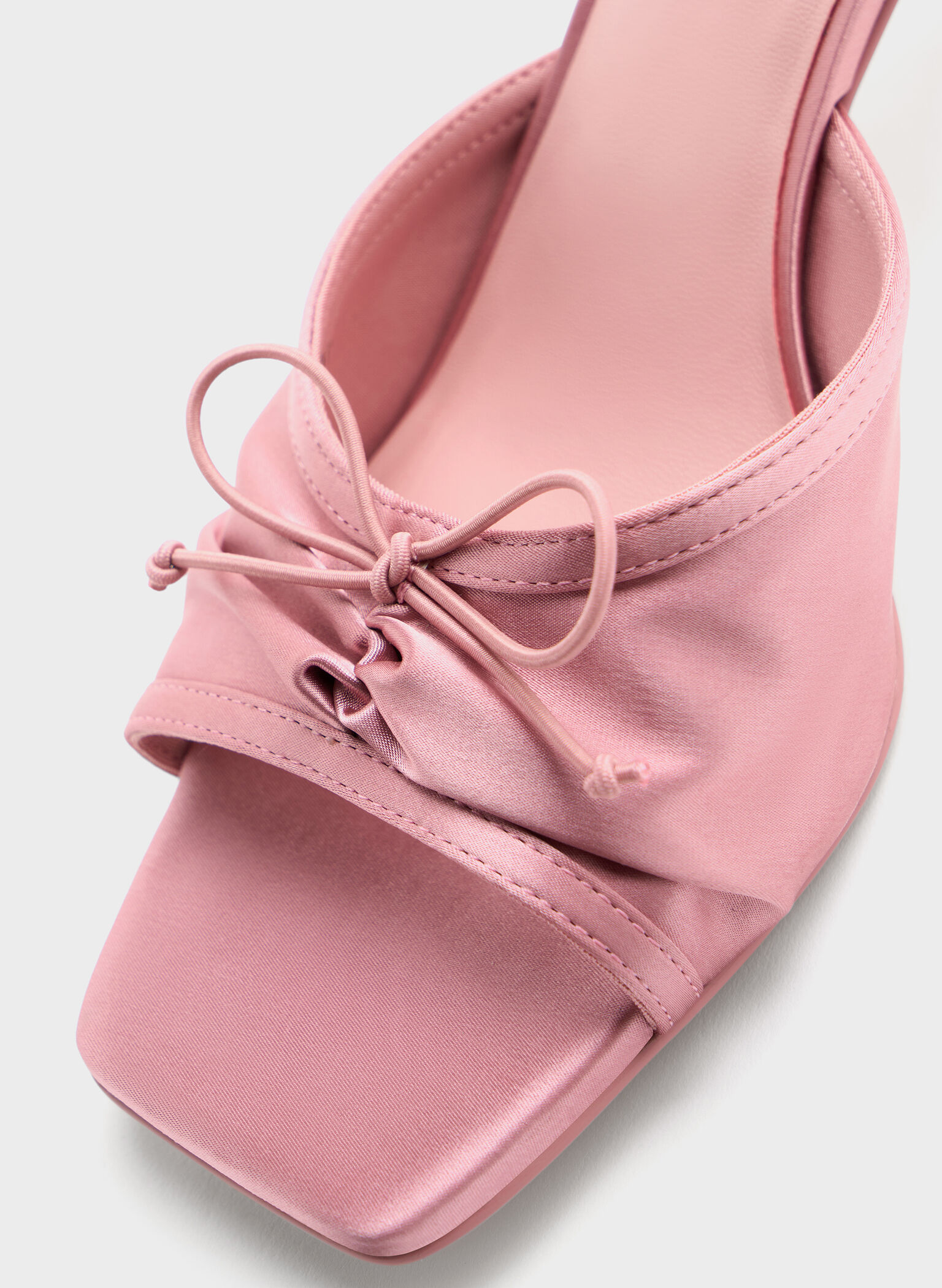 Satin Ruched Bow Heeled Mules, Pink, hi-res