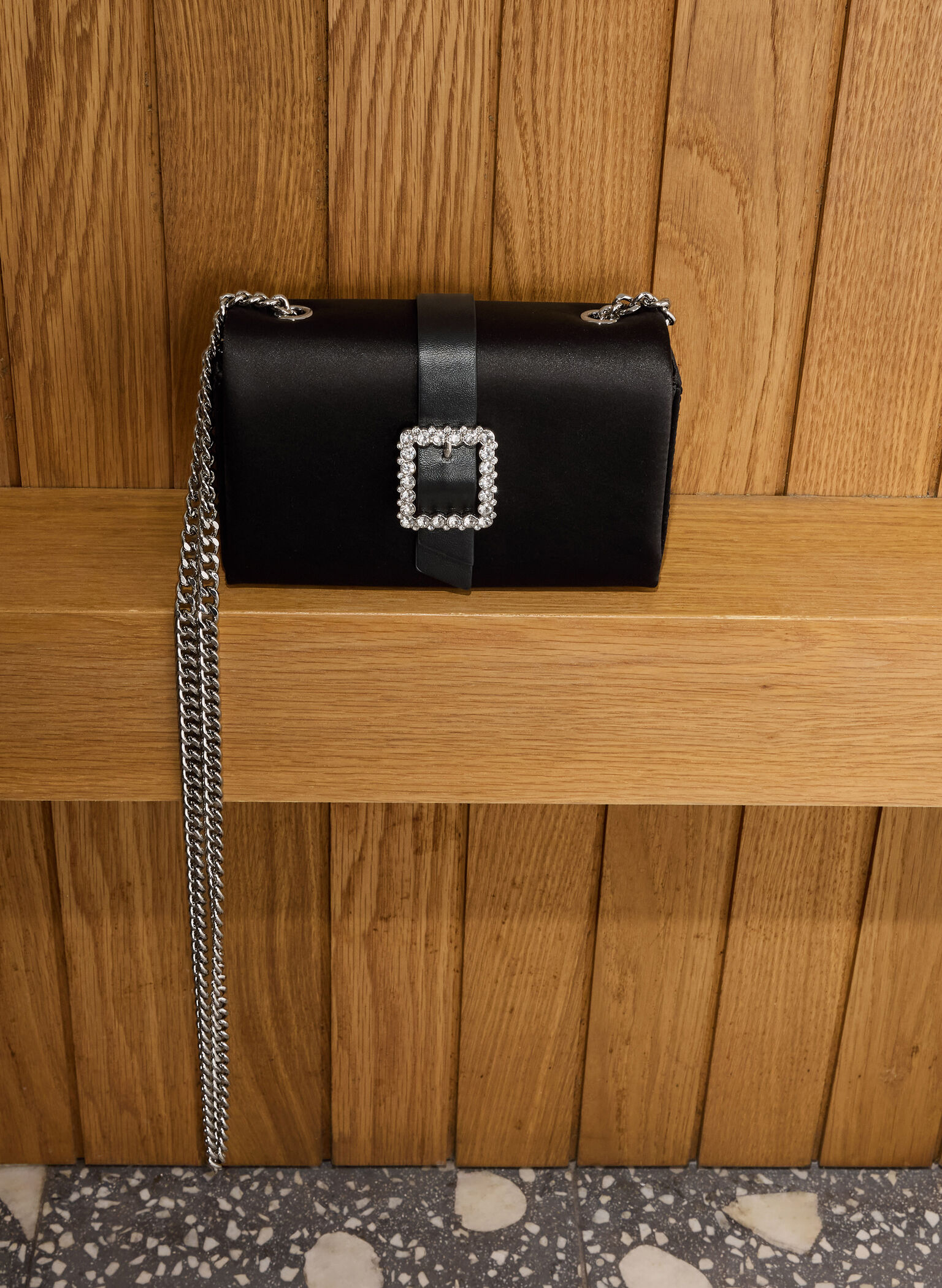 Satin Crystal-Buckle Belted Chain-Handle Bag, Noir, hi-res