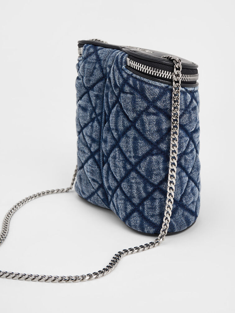 Philomena Denim Quilted Heart Cylindrical Bag, Denim Blue, hi-res