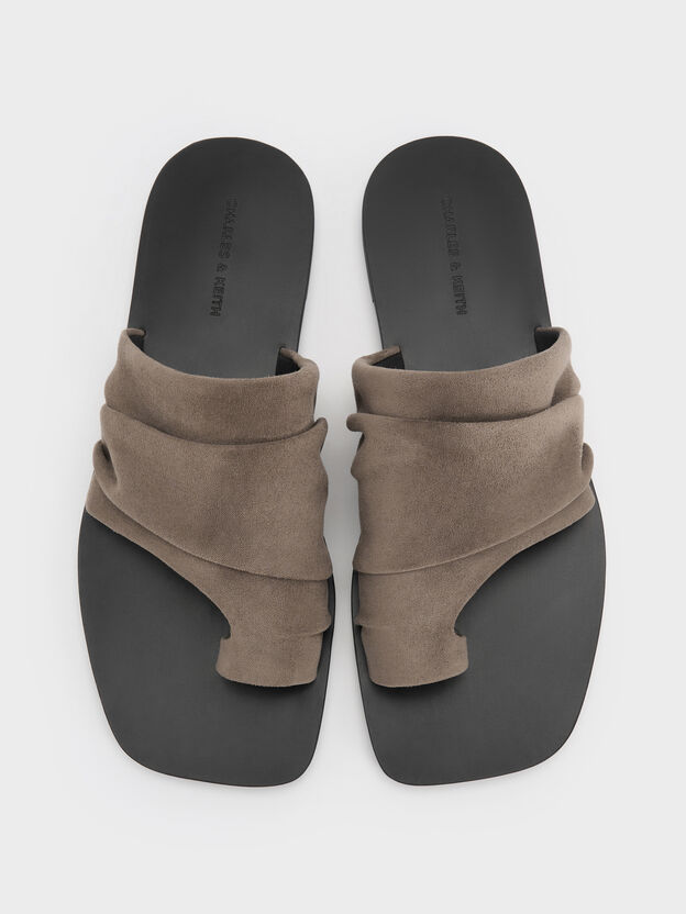 Faux Suede Ruched Toe-Ring Sandals, Taupe, hi-res