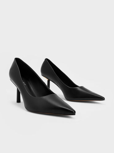 Pointed-Toe Cylindrical Heel Pumps, Black, hi-res