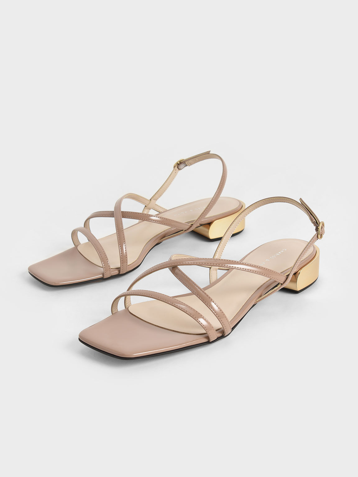 Patent Strappy Slingback Sandals, Nude, hi-res