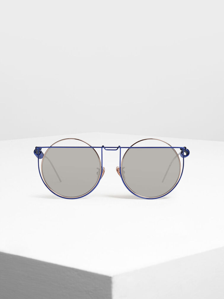 Geometric Round Frame Sunglasses, Blue, hi-res