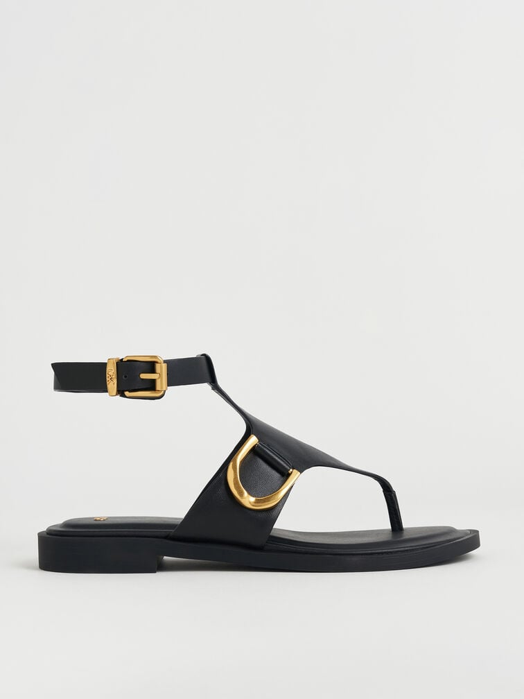 Gabine Leather Ankle-Strap Thong Sandals, Black, hi-res