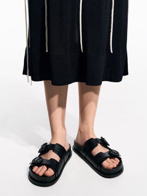 編織釦雙帶厚底拖鞋, 黑色, hi-res