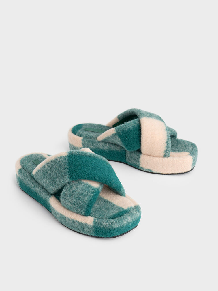 Checkered Padded Crossover Flatforms, Green, hi-res