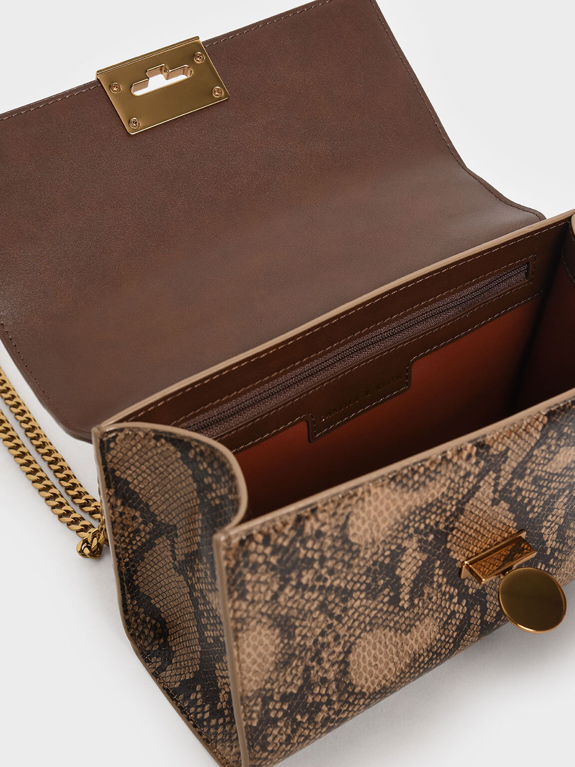 Snake Print Chain Strap Clutch, Brown, hi-res