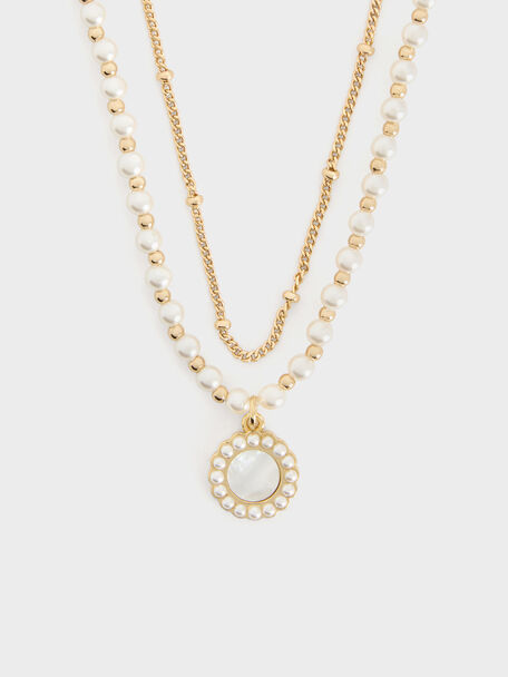 Collier double cha&icirc;ne avec perle et pierre fine, Blanc, hi-res