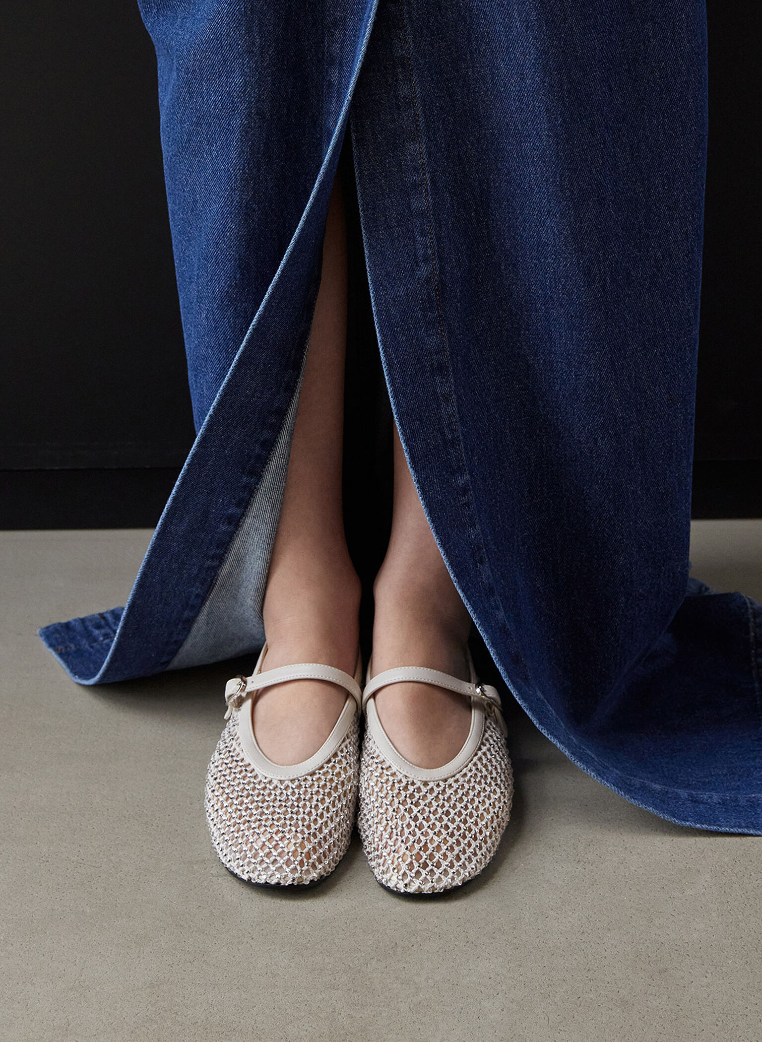 Mary Janes de malla con adornos de cristal, Blanco, hi-res