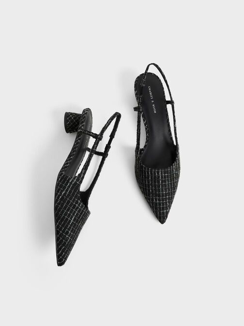 Cylindrical Heel Tweed Slingback Pumps, Multi, hi-res
