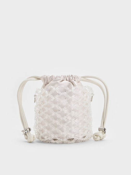 Beaded Chain-Handle Bucket Bag, White, hi-res