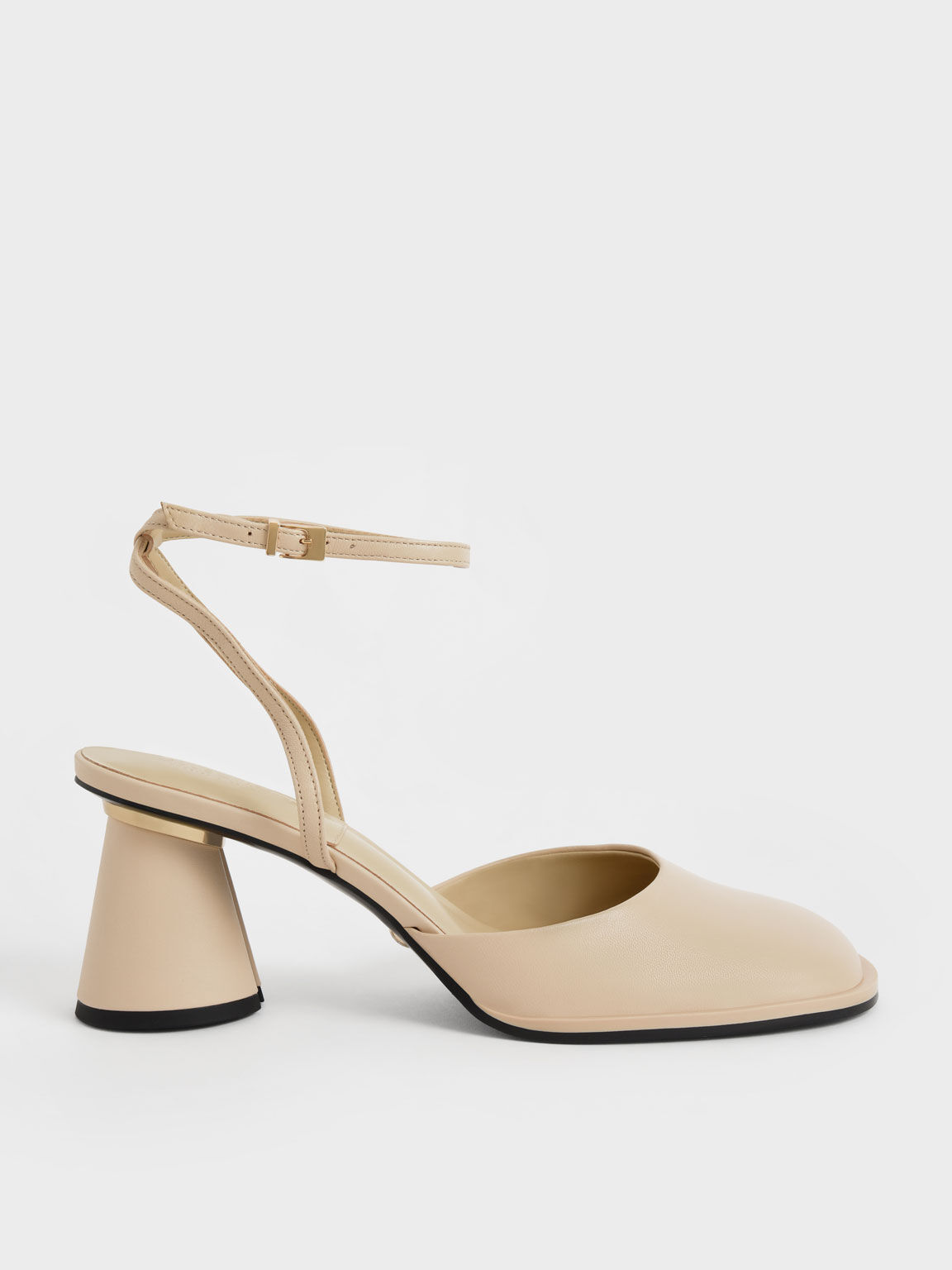 Beige Leather Ankle-Strap Pumps