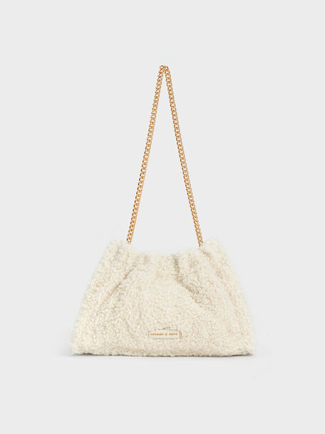 Cyrus Furry Slouchy Chain-Handle Bag, Cream, hi-res