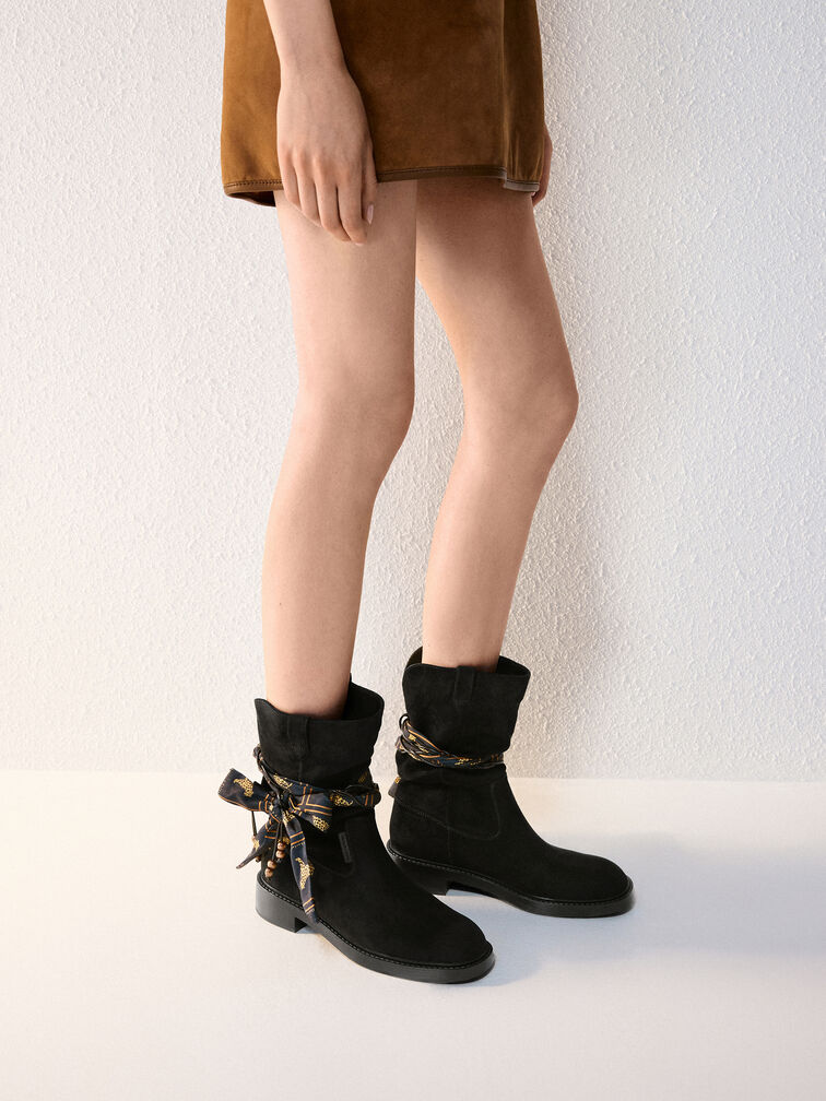 Faux Suede Printed-Scarf Calf Boots, Black Textured, hi-res