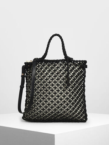 Knitted Tote Bag, Black, hi-res