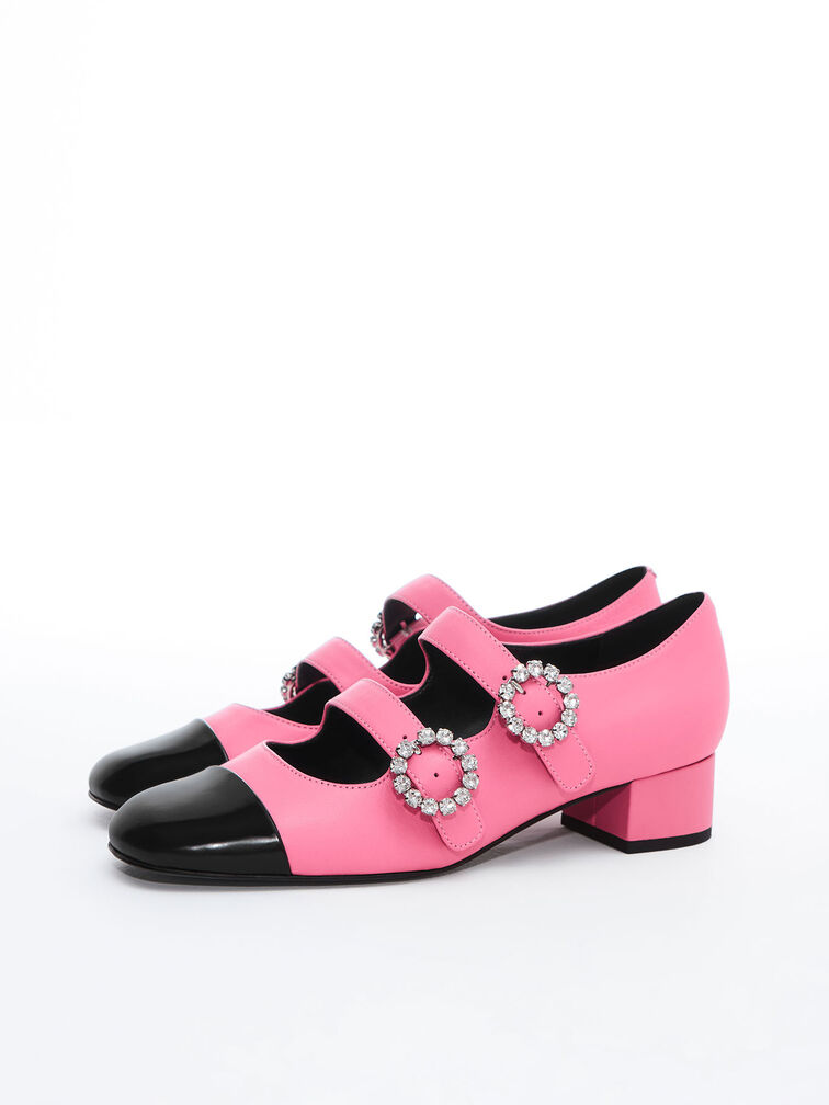 Pink Leather Double-Buckle Crystal-Embellished Mary Janes - CHARLES ...