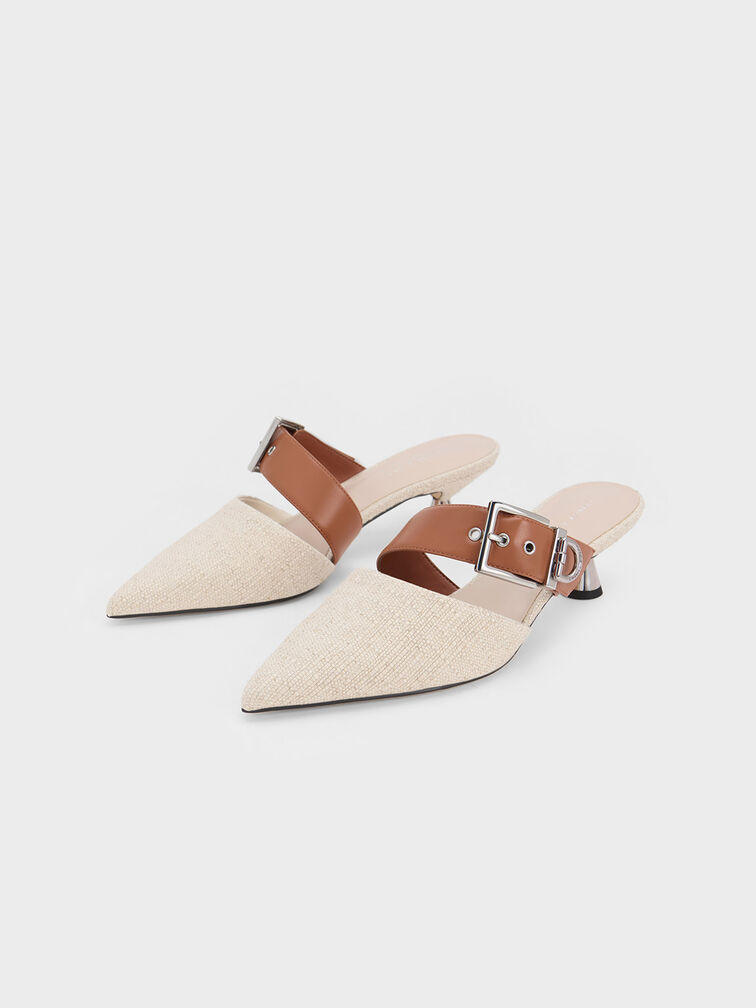 Asymmetric Buckle Linen Heeled Mules, Beige, hi-res