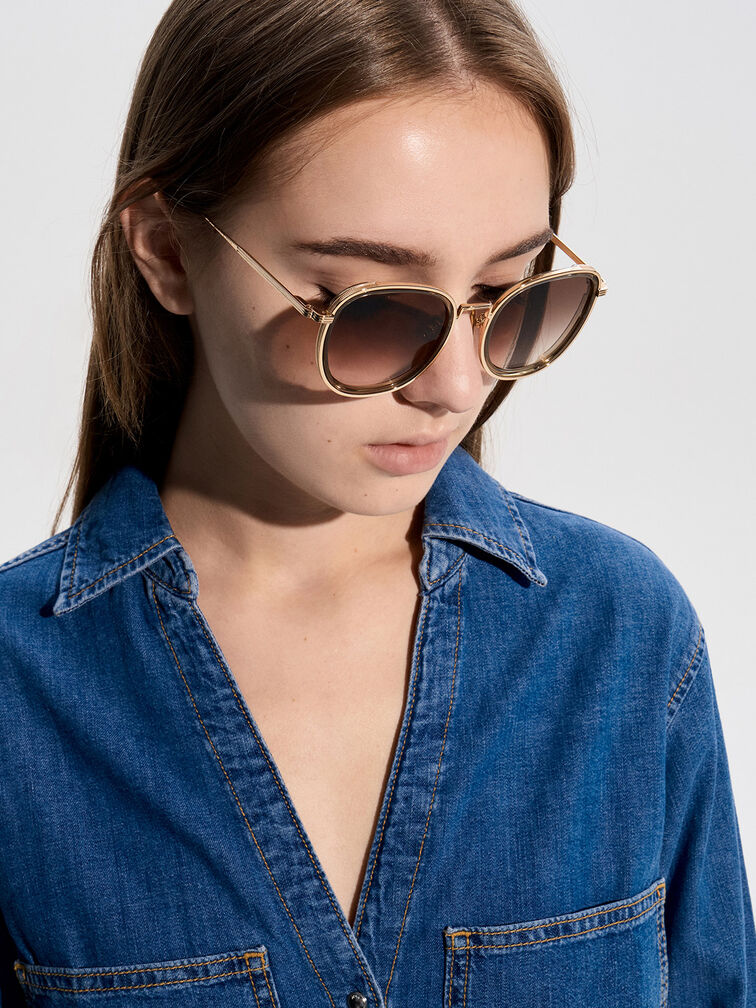 Lynx Recycled Acetate Metallic-Rim Oversized Sunglasses, Khaki, hi-res