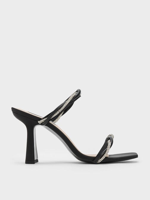Embellished Twisted Strap Satin Sandals, Black, hi-res