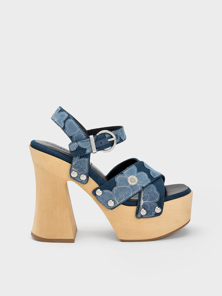 Blue Tabitha Floral Denim Crossover Sandals - CHARLES & KEITH US