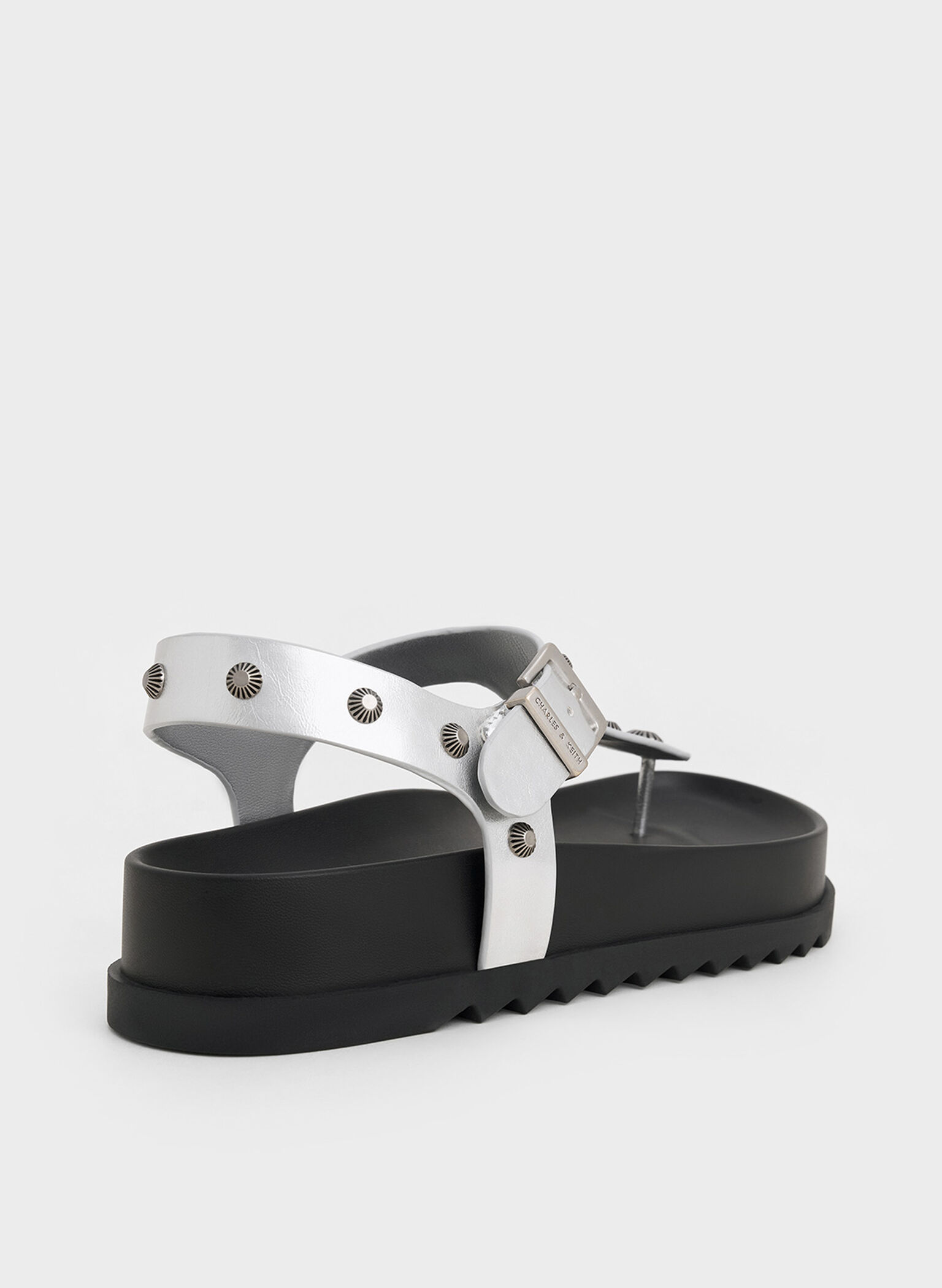 Metallic Studded Heart-Embellished Thong Sandals, Silver, hi-res
