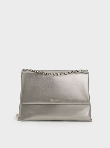 Bolso metálico Sianna con asa de cadena y efecto arrugado, Estaño, hi-res