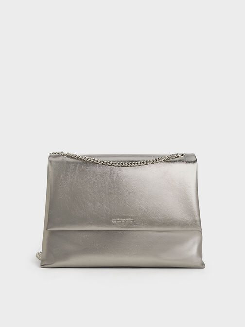 Bolso metálico Sianna con asa de cadena y efecto arrugado, Estaño, hi-res