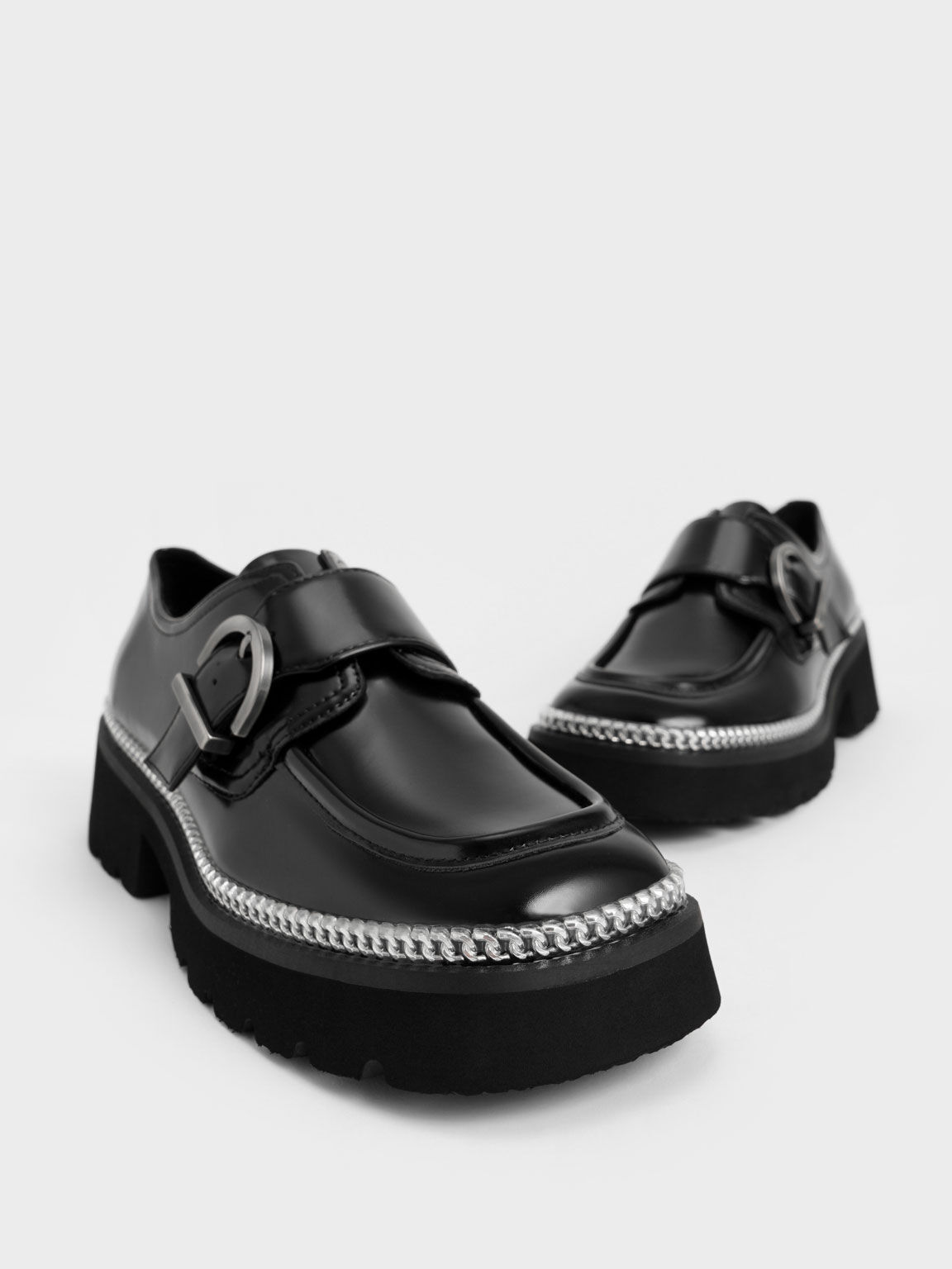 Buckled Chain-Trim Loafers, Black, hi-res