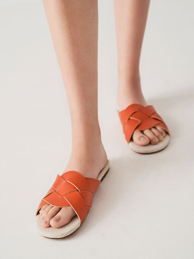 Woven Slide Sandals, Orange, hi-res