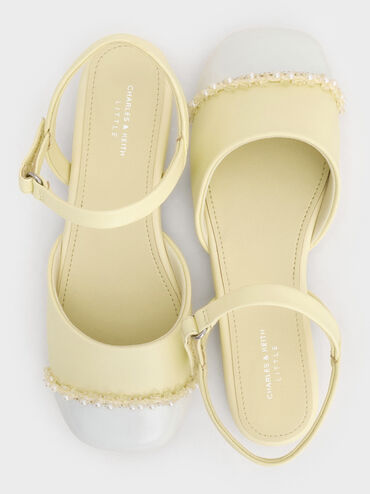 Girls' Pearl-Embellished Cap-Toe Ankle-Strap Flats, Butter, hi-res