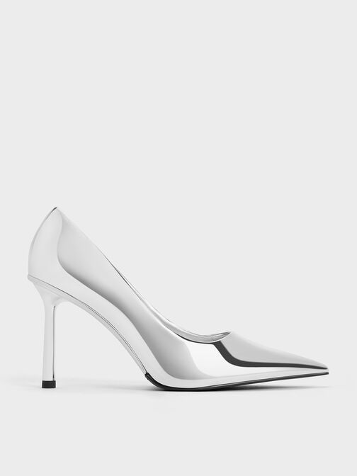 Metallic Patent Pointed-Toe Stiletto Heels, Silver, hi-res