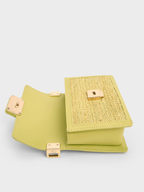 Leather & Raffia Boxy Bag, Lime, hi-res