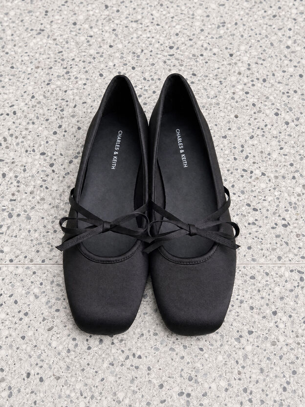 Satin Bow Ballet Flats, Black Textured, hi-res