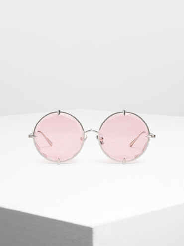 Round Wire Frame Skinny Sunglasses, Pink, hi-res