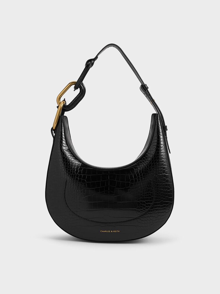 Bolso tipo luna Kora de efecto cocodrilo con detalles metálicos, Negro, hi-res
