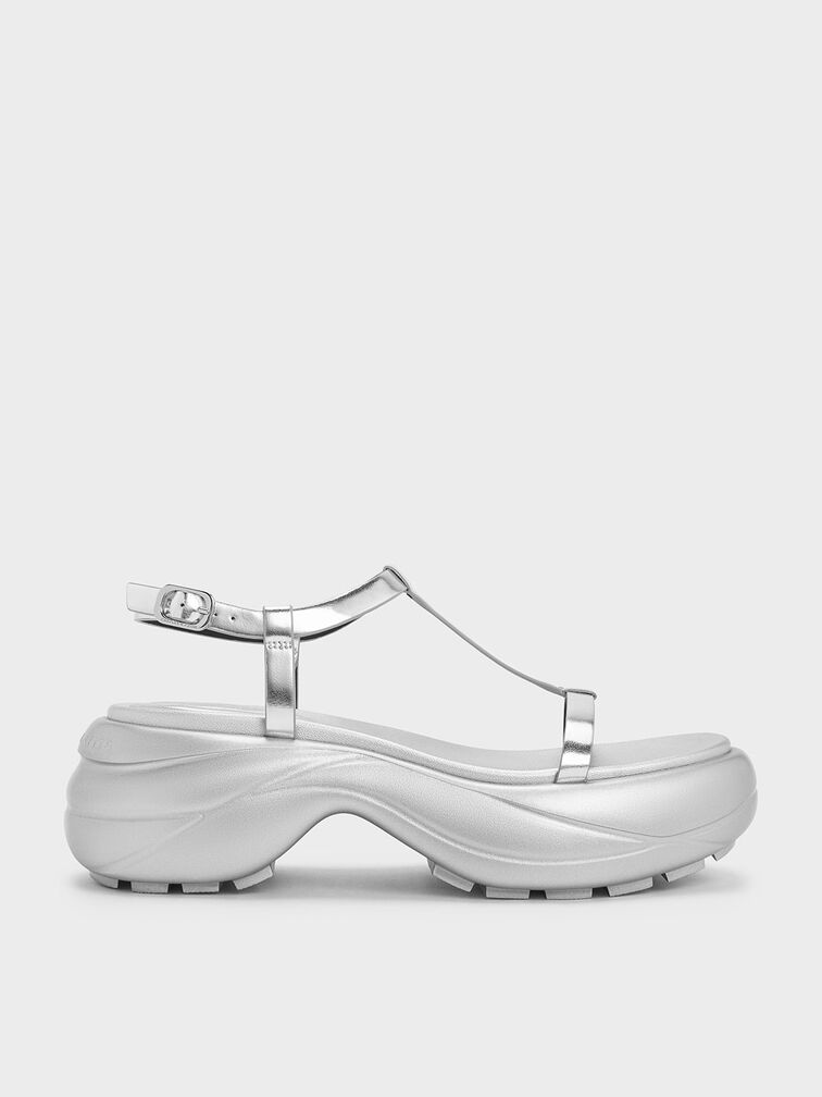 Metallic T-Bar Curved Platform Sports Sandals, Silver, hi-res