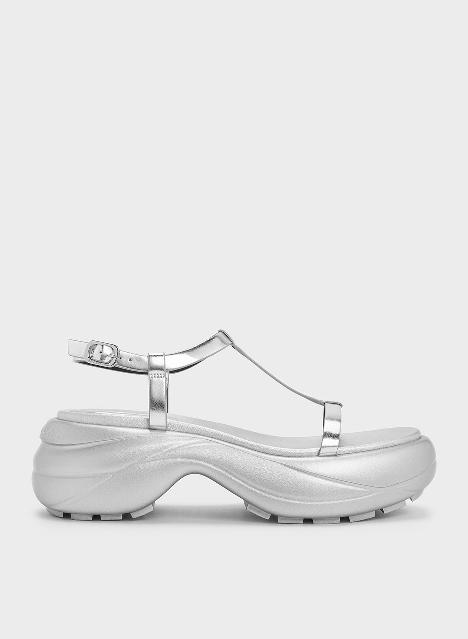 Metallic T-Bar Curved Platform Sports Sandals, Silver, hi-res