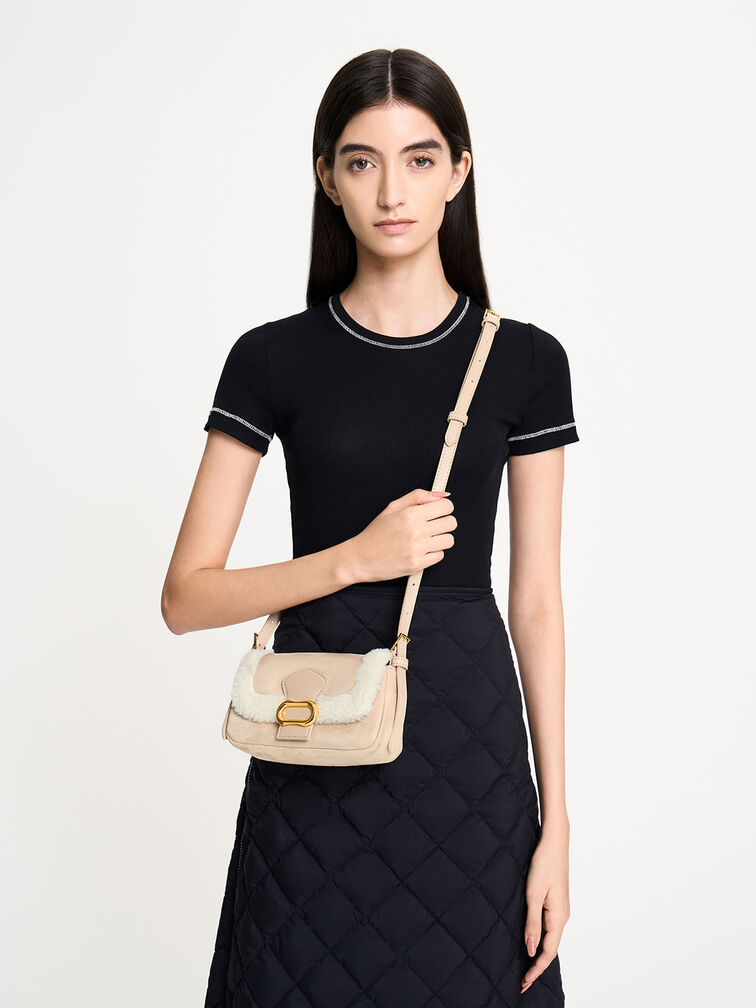 Daki Fur-Trim Belted Shoulder Bag, Beige, hi-res