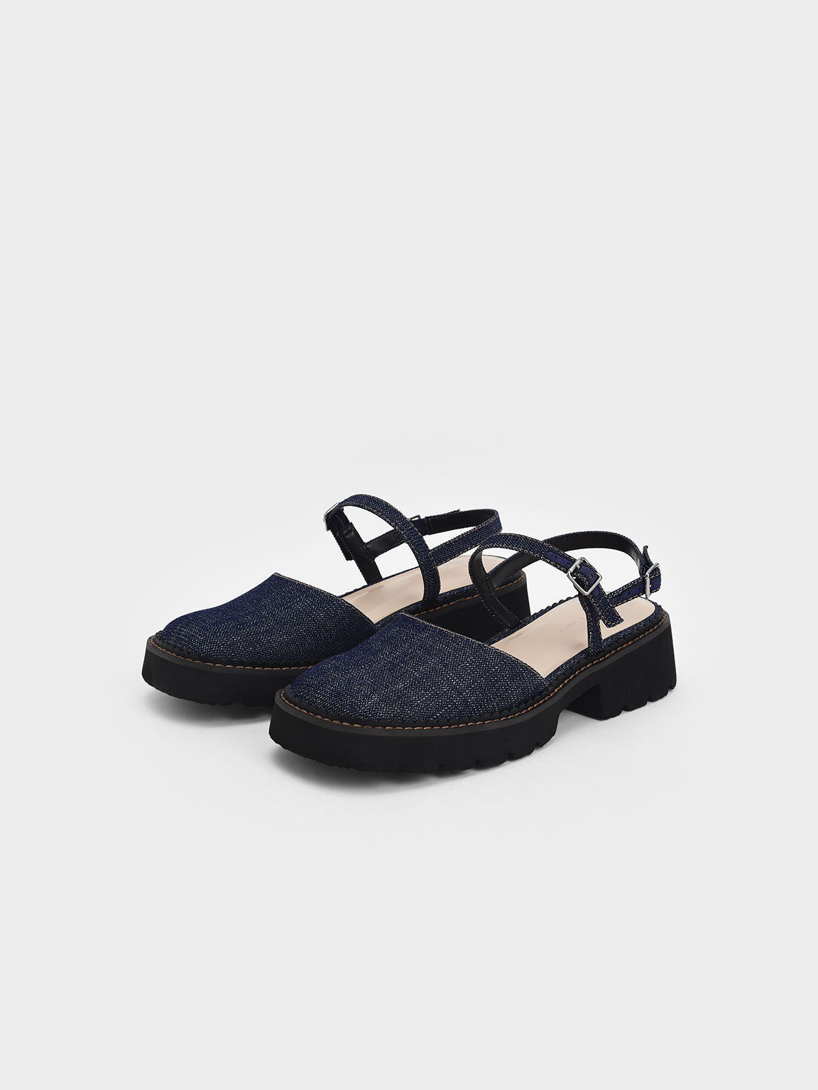 Cleated Sole Ankle-Strap Denim Shoes, Dark Blue, hi-res