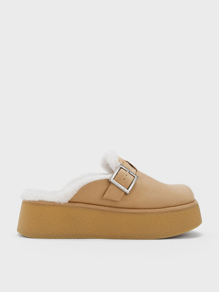 Fur-Lined Buckled Flatform Mules, Camel, hi-res